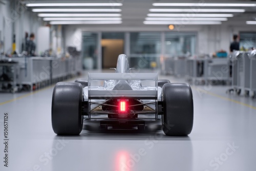 Sleek racing car positioned in modern workshop, showcasing preci