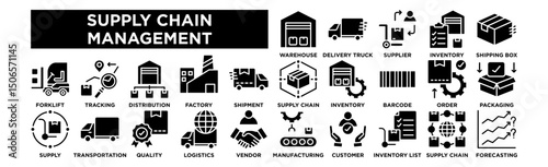Supply Chain Management icon collection set. Warehouse, Delivery Truck, Supplier, Inventory, Shipping Box 