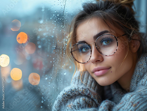 Bad weather, a woman looks sadly outside through a rainy window pane