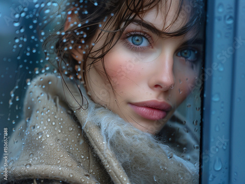 Bad weather, a woman looks sadly outside through a rainy window pane