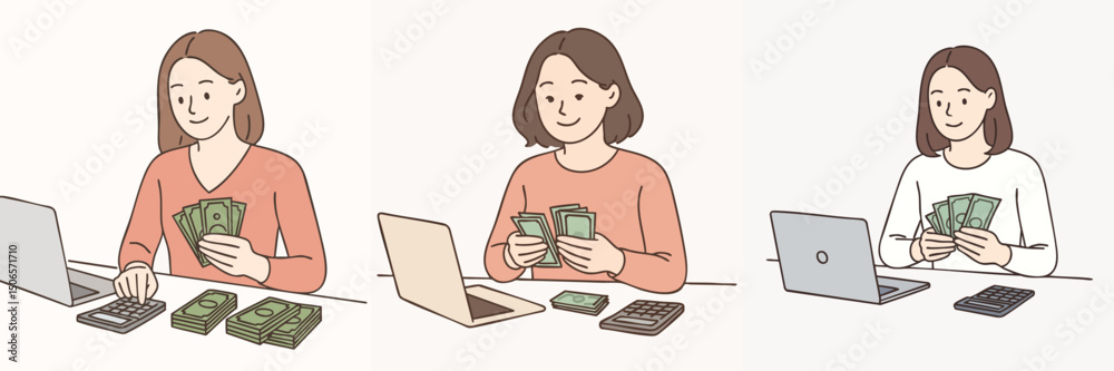 vector illustration collection of a woman counting income money with a calculator and inputting the data on a laptop vector illustration collection of a woman counting income money with a calculator and inputting the data on a laptop