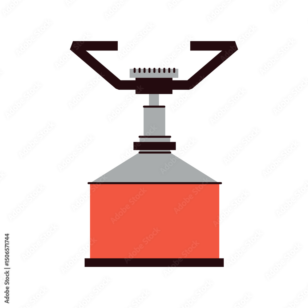Flat illustration of a portable gas camping stove with a red fuel canister. Represents essential outdoor cooking equipment for hiking, backpacking, and wilderness adventures. Vector illustration