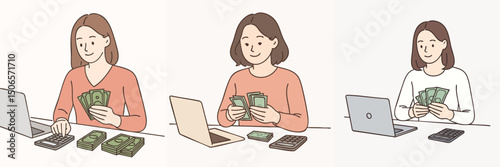 vector illustration collection of a woman counting income money with a calculator and inputting the data on a laptop