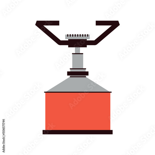 Flat illustration of a portable gas camping stove with a red fuel canister. Represents essential outdoor cooking equipment for hiking, backpacking, and wilderness adventures. Vector illustration