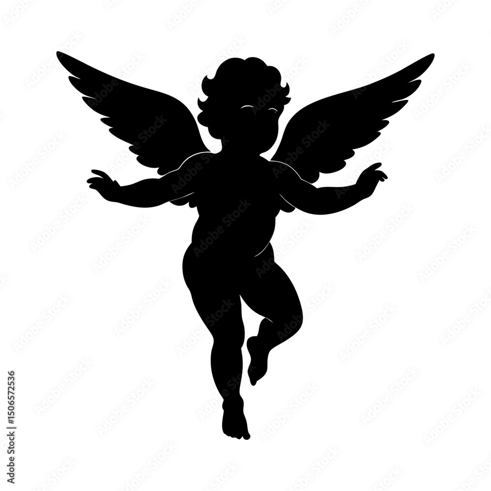Fototapeta premium Silhouette of a cherubic figure with wings outstretched in mid air