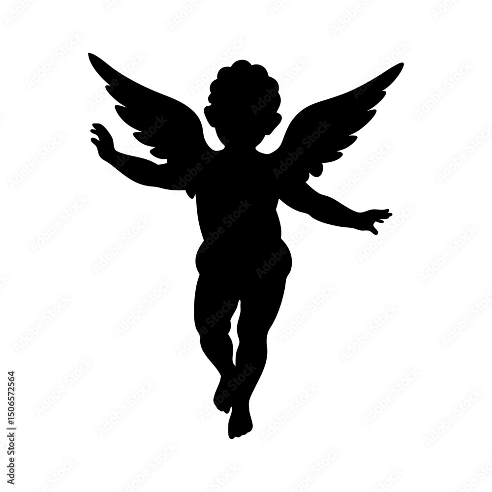 Fototapeta premium Silhouette of a cherubic figure with wings against white backdrop