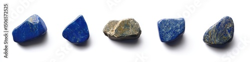 Five irregularly shaped lapis lazuli stones, predominantly blue with hints of gold, are arranged in a row against a stark white background