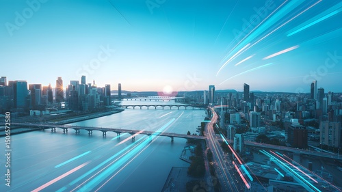 Futuristic Cityscape at Sunset with Dramatic Light Streak Effects and High-Tech Urban Skyline.