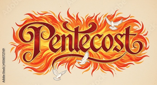 Pentecost title in red framed by stylized flames and white doves against a beige background