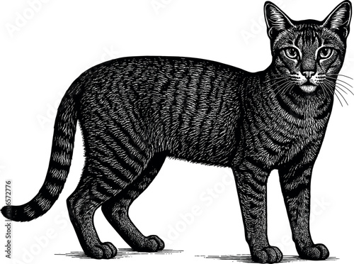 Chausie full body side view and facing towards the front vector black silhouette cricut print design isolated on a plain white background