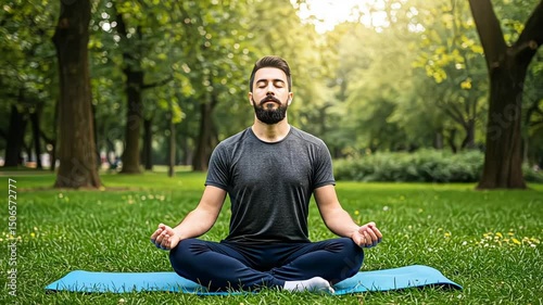 Bearded man meditating in nature on a mat with eyes closed