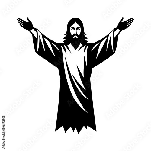 Illustration of jesus christ with arms outstretched in black and white