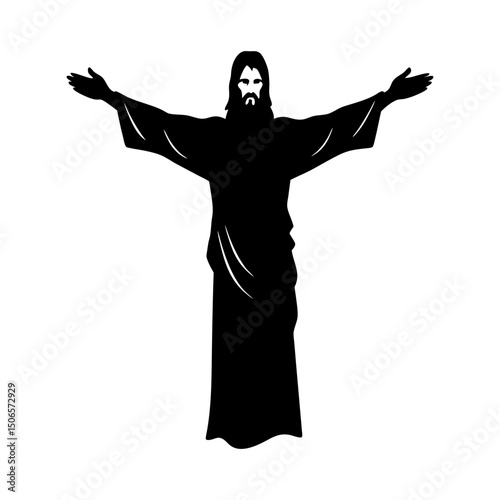 Silhouette of jesus christ with arms outstretched in black and white