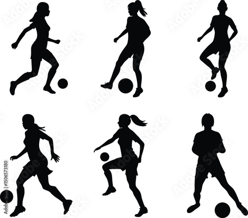 soccer player silhouette illustration, female football player silhouettes, woman soccer player black silhouette.