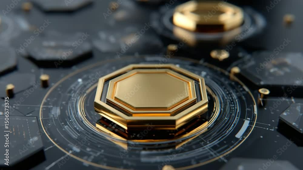 golden hexagonal badge glowing above futuristic circuit, blockchain token emblem, sci-fi digital coin design
