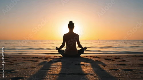 Silhouette of woman meditating on beach during sunset