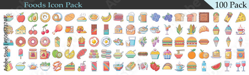 One hundred assorted food icons in a vibrant and colorful design style