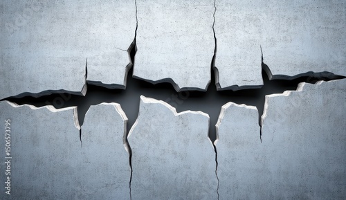 A digitally rendered image shows a large, jagged crack traversing a light-grey concrete surface, creating irregular fractured segments