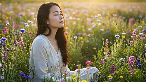 Serene Asian Woman Meditating in a Vibrant Flower Meadow