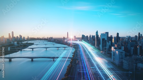 Futuristic Cityscape at Sunset with Dramatic Light Streak Effects and High-Tech Urban Skyline.