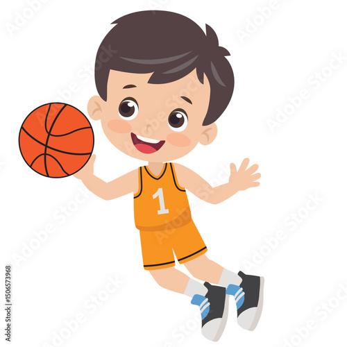 Cute little basketball  player boy vector cartoon illustration