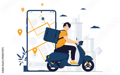 Delivery man courier shipping order with bag riding scooter concept illustration