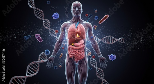3d human body anatomy illustration with internal organs and microorganisms