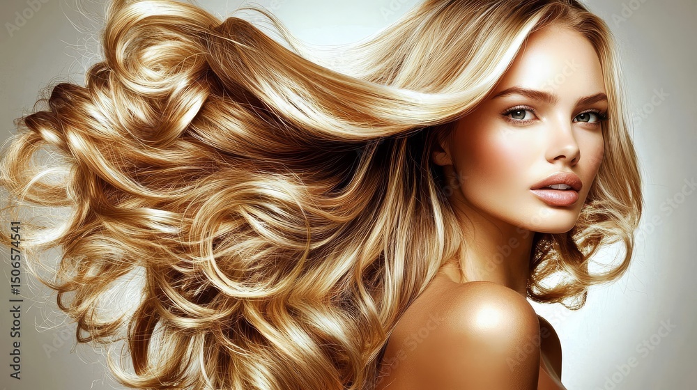 Fototapeta premium Elegant beauty with long, shiny hair highlights.