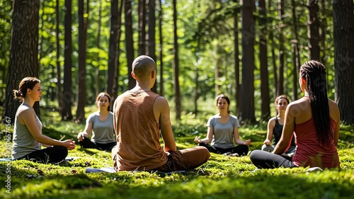 Group meditation session in a serene forest setting with sunlight