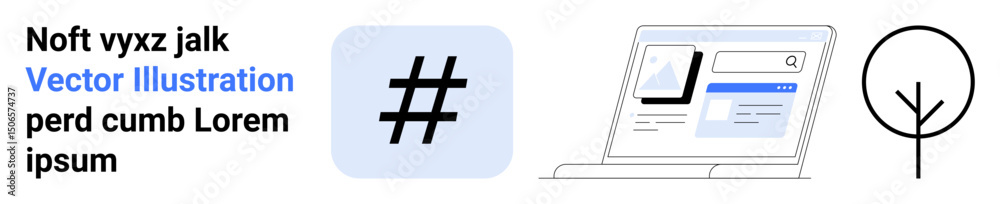 Obraz premium Bold metadata tag icon, website interface with navigation and content sections, and simple tree outline. Ideal for technology, social media, web design, digital identity, minimalism, branding simple