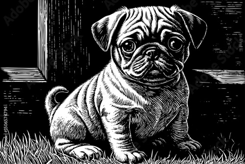 Pug puppy sitting black and white isolated hand drawn sketch