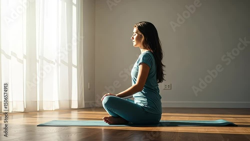 Serene woman meditating in lotus pose on yoga mat indoors