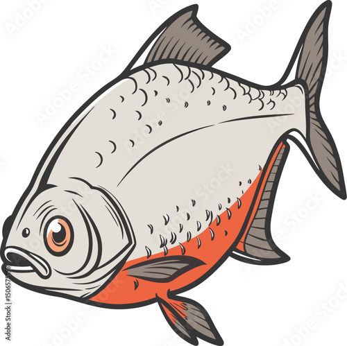 A stylized drawing of a fish with silver scales and orange belly