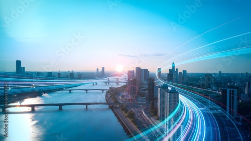 Futuristic Cityscape at Sunset with Dramatic Light Streak Effects and High-Tech Urban Skyline.