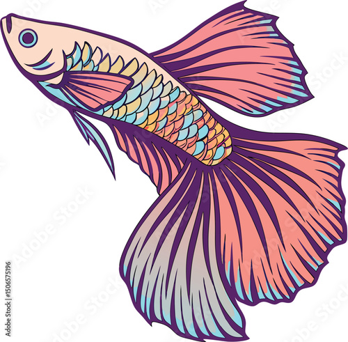 A vibrant illustration of a guppy fish with stunning and intricate fins
