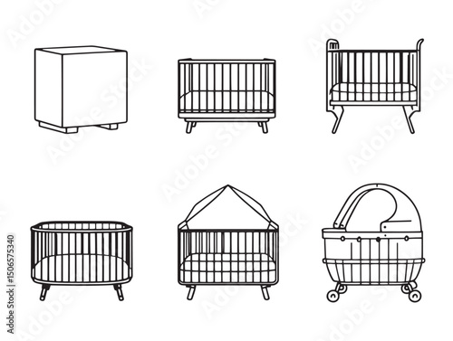 Baby crib line art illustration for nursery decor