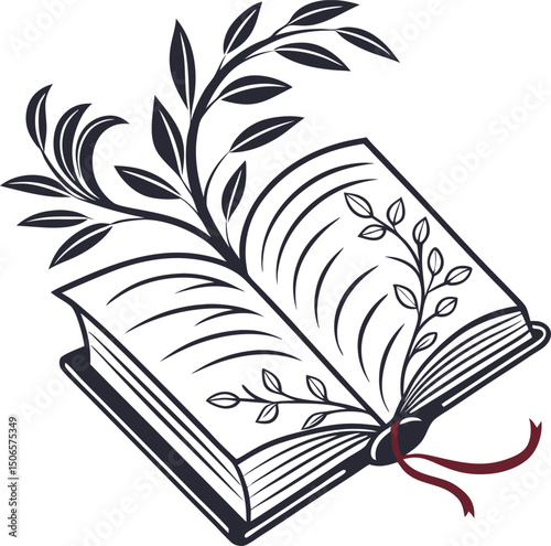 An open book with plants growing from the pages, representing knowledge