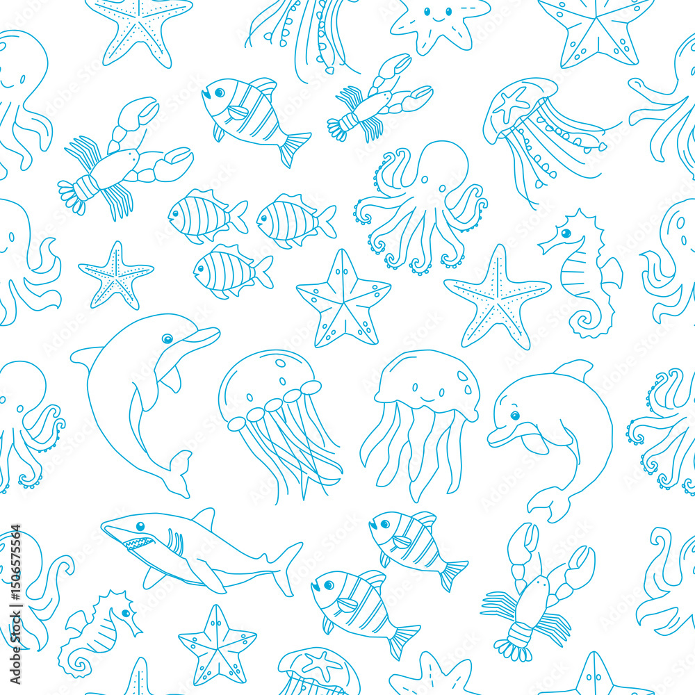 Fototapeta premium seamless pattern with sea animals. Cute hand drawn sea animals doodle set. Ocean and sea animal set. Collection of aquatic creature. Set with hand drawn sea life elements. 