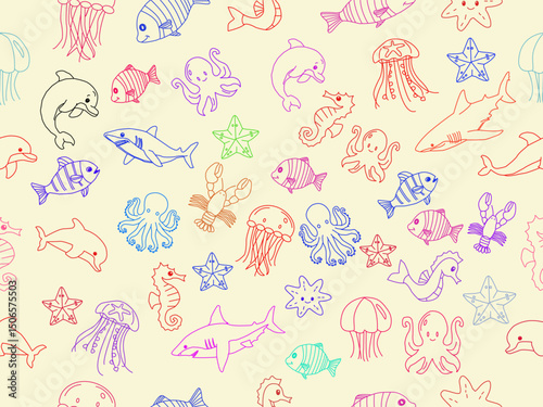 Seamless pattern of colorful hand-drawn sea animals. seamless pattern with sea animals. Cute hand drawn sea animals doodle set. Ocean and sea animal set. Collection of aquatic creature. 