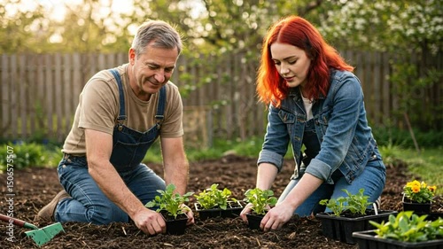 Couple gardening together planting seedlings in garden soil