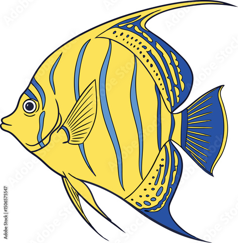 Cartoon angelfish with vibrant yellow and blue coloration swimming on white background