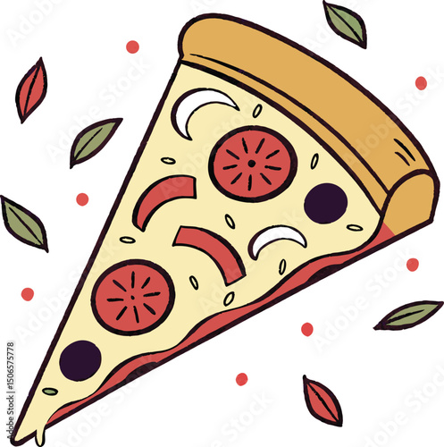 Delicious slice of pizza with various toppings surrounded by abstract leaves