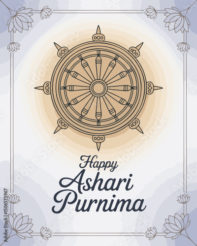 Artistic illustration wishing a happy ashari purnima emphasizing the dharma chakra symbol and lotus flowers