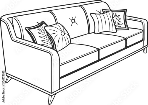 Elegant three seater sofa with pillows and stylish legs illustration