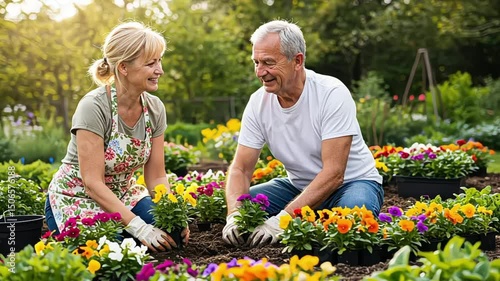 Senior couple gardening together planting colorful flowers outdoors