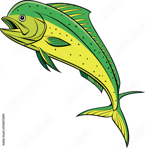 Green and yellow cartoon mahimahi fish jumping up out of the water