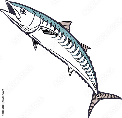 Illustration of a mackerel fish swimming upwards with distinct markings and fins