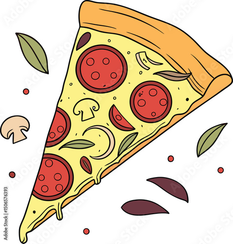 Illustration of a pepperoni pizza slice with a variety of toppings
