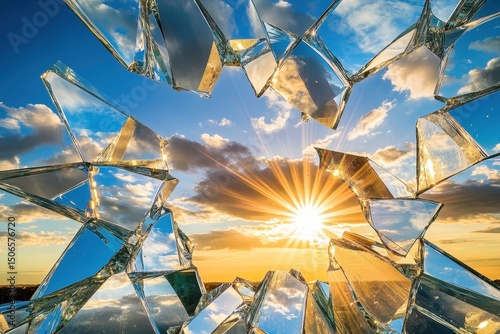 Shattered glass reveals a vibrant sunset; sun rays burst through jagged edges, reflecting a bright, cloud-filled sky