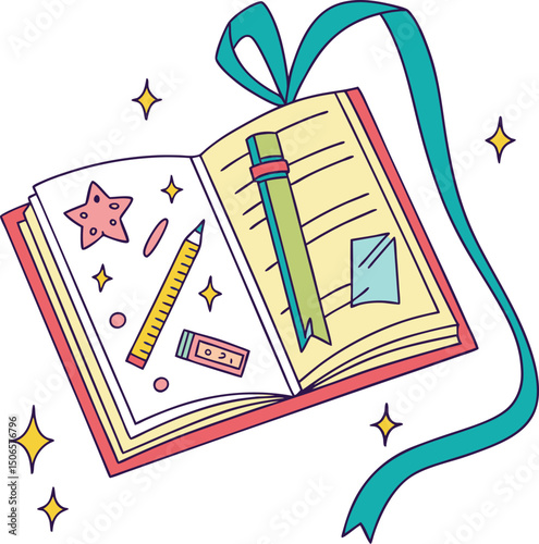 Open book with fun drawings and a ribbon, surrounded by stars